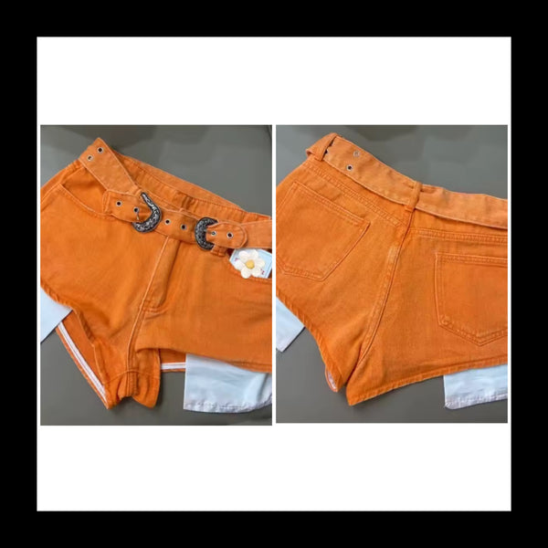 Women Fashion Orange Pocket Denim Shorts