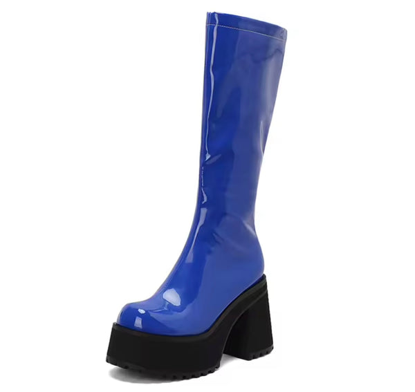 Women Color Fashion Platform Patent Leather Knee High Boots