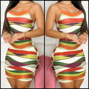 Women Sexy Sleeveless Colorful Striped Dress