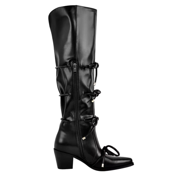 Women Fashion Faux Leather Pointed Toe Tie Up Knee High Boots