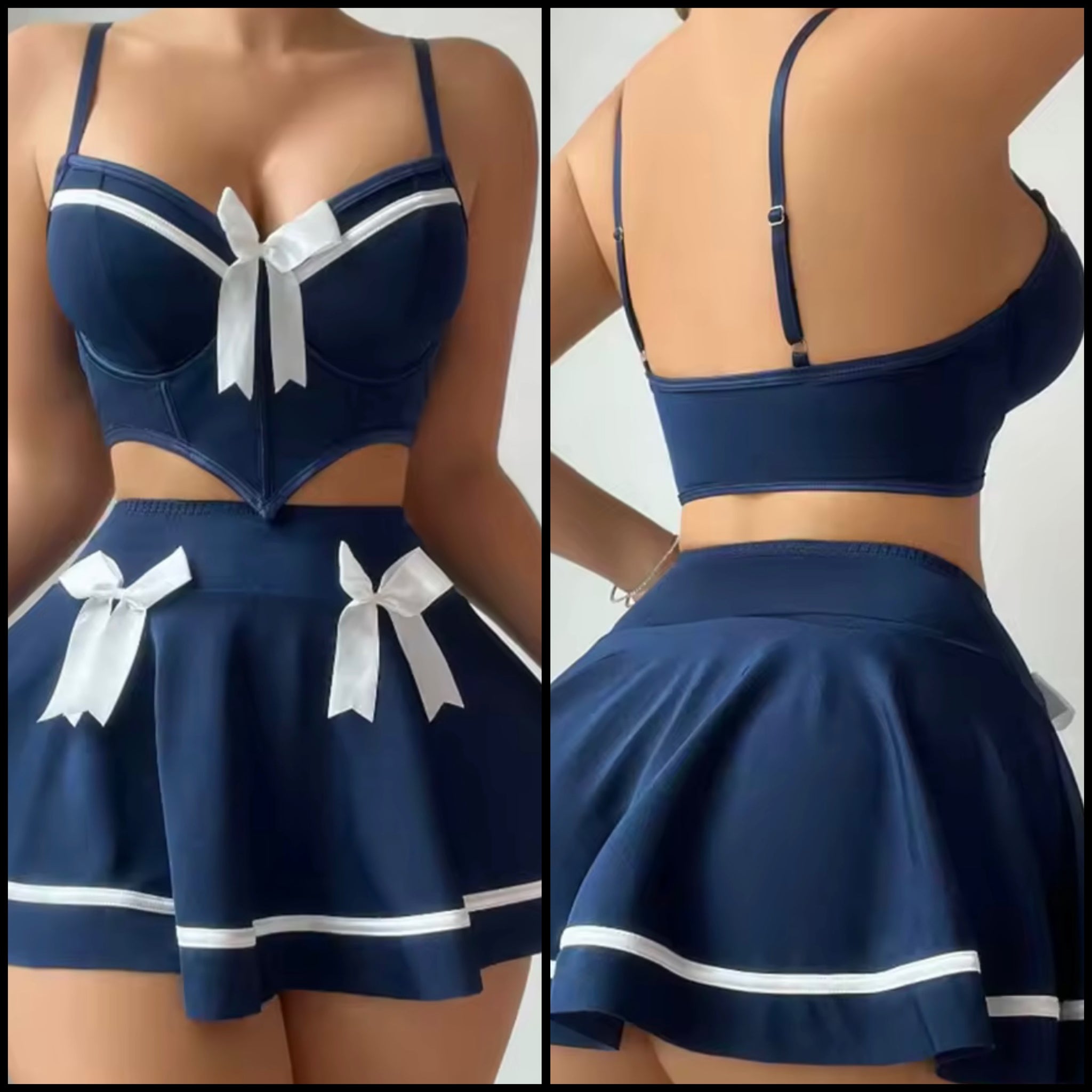 Women Sexy Sleeveless Blue Bow Striped Lingerie Skirt Set