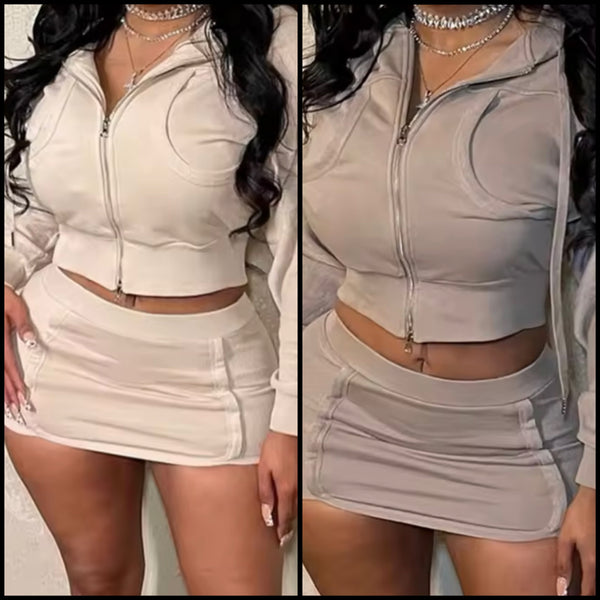 Women Sexy Fashion Hooded Full Sleeve Two Piece Skirt Set