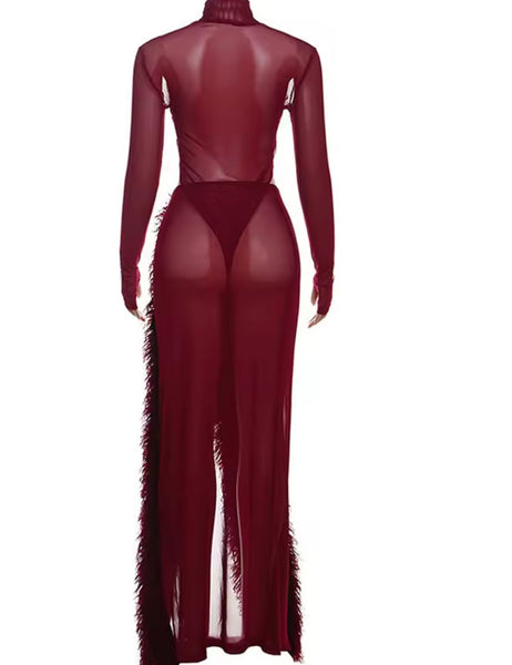 Women Sexy Burgundy Faux Fur Mesh Bodysuit Two Piece Skirt Set