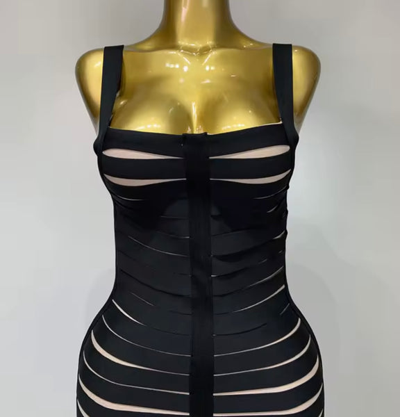 Women Sexy Black Sleeveless Fringe Tassel Bandage Maxi Dress