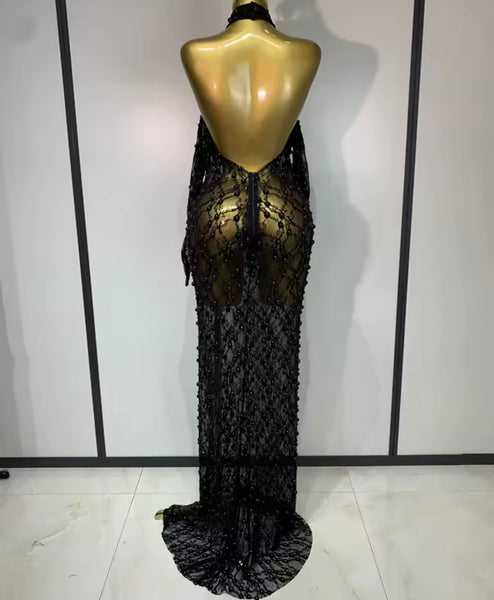 Women Black Sexy Beaded Halter Open Back Maxi Dress