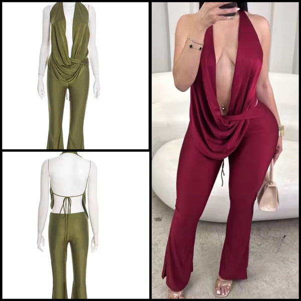 Women Sexy Halter V-Neck Open Back Two Piece Pant Set