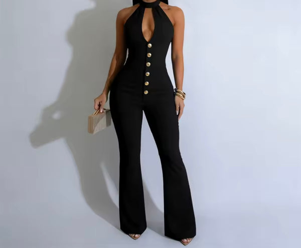 Women Sexy Button Halter Sleeveless Jumpsuit