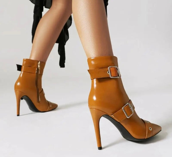 Women Fashion Pointed Toe Buckled Faux Leather Ankle Boots