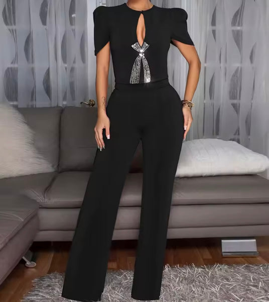 Women Fashion Bling Bow Short Sleeve Jumpsuit