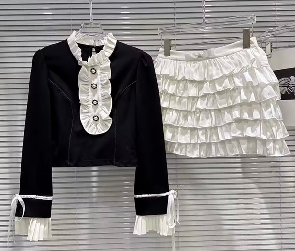 Women Fashion Ruffled Button Full Sleeve Two Piece Skirt Set