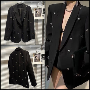 Women Black Heart Fashion Full Sleeve Button Up Blazer Top