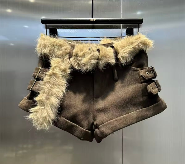 Women Brown Faux Fur Patchwork Buckled Shorts