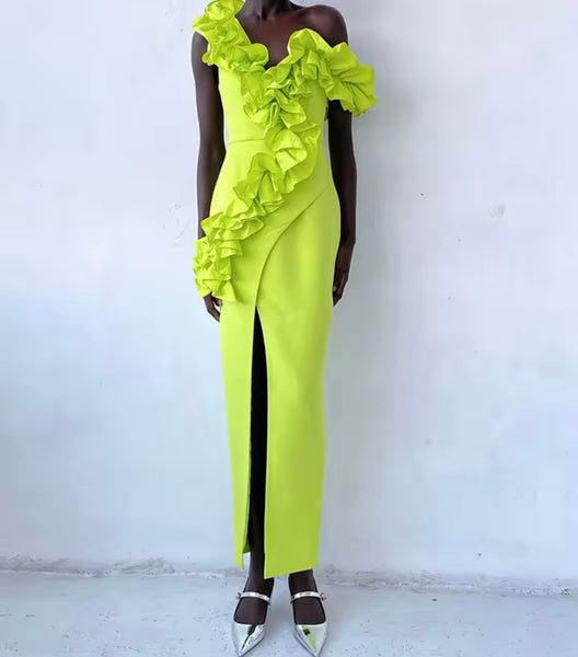 Women Green Ruffled Front Split Maxi Dress