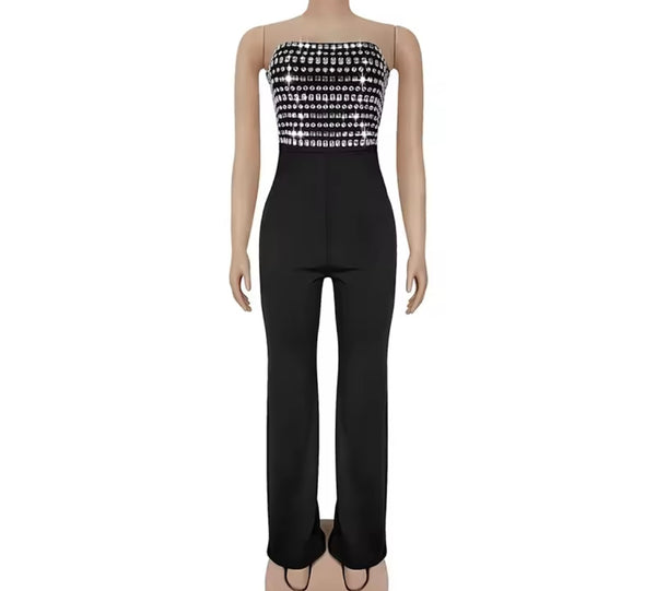 Women Sexy Strapless Bling Crystal Black Jumpsuit