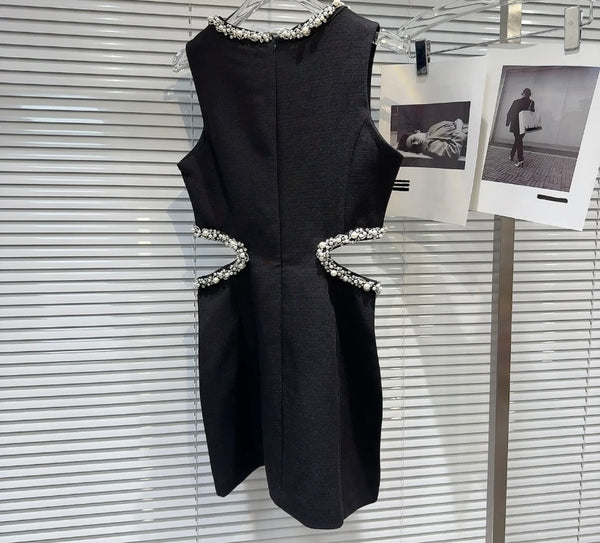 Women Sexy Sleeveless Beaded Bling Cut Out Dress
