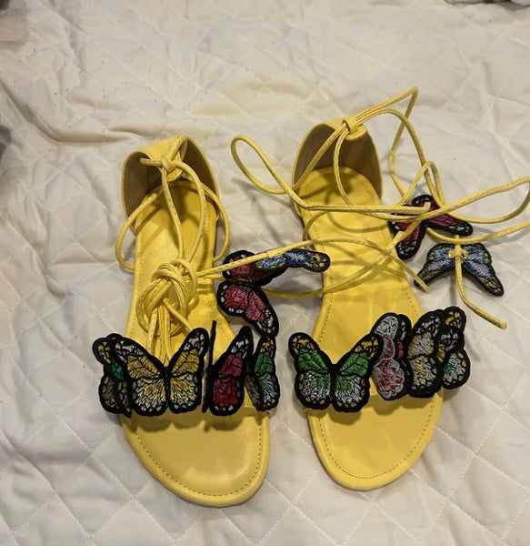 Women Fashion Yellow Butterfly Lace Up Flat Sandals