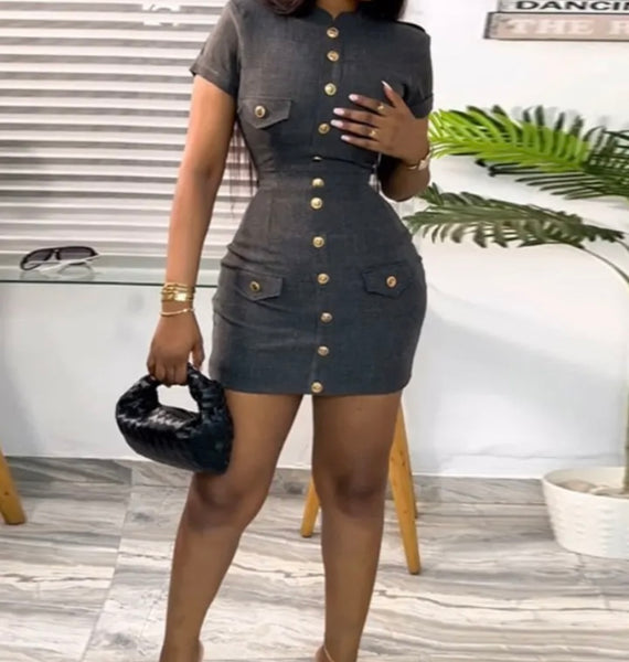 Women Sexy Fashion Short Sleeve Button Up Pocket Dress