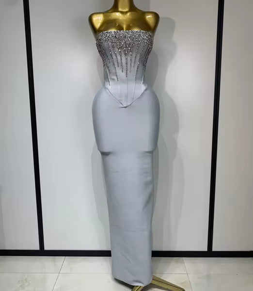 Women Sexy Strapless Gray Corset Rhinestone Bandage Maxi Dress