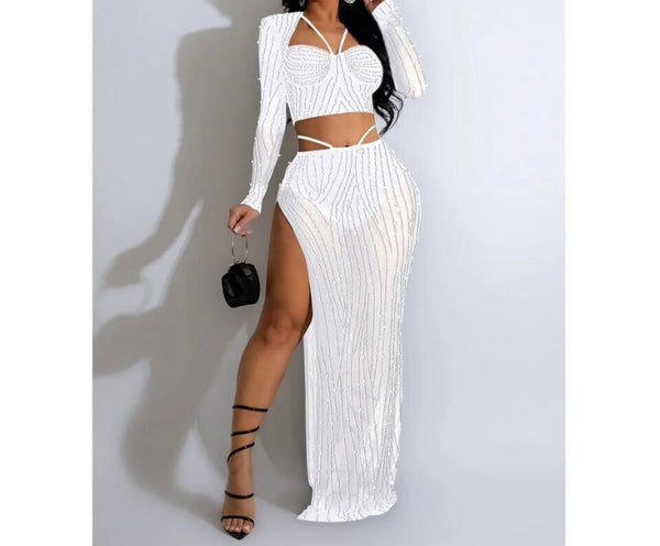 Women Sexy Full Sleeve Bling Mesh Two Piece Maxi Skirt Set