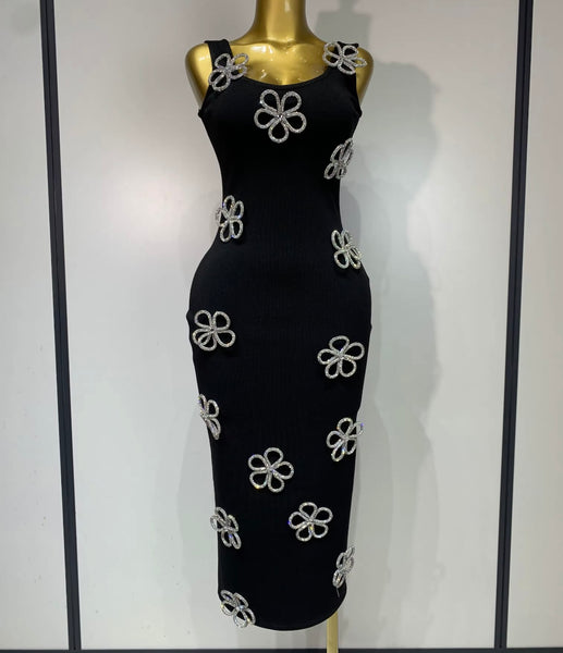 Women Sexy Sleeveless Black Bling Flower Patchwork Dress