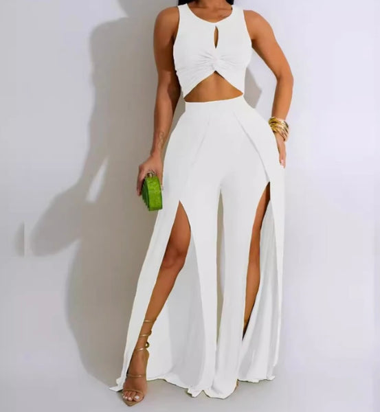 Women Sexy Sleeveless Solid Color Two Piece Front Slit Pant Set