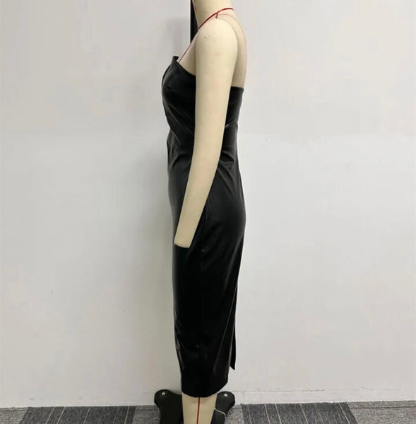 Women Sexy Strapless Black PU Dress