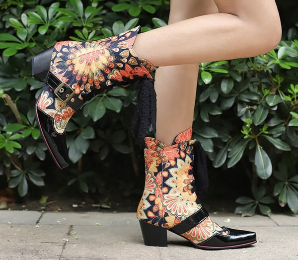 Women Fashion Printed Lace Up Ankle Western Boots