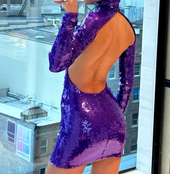 Women Sexy Purple Sequins Full Sleeve Open Back Dress