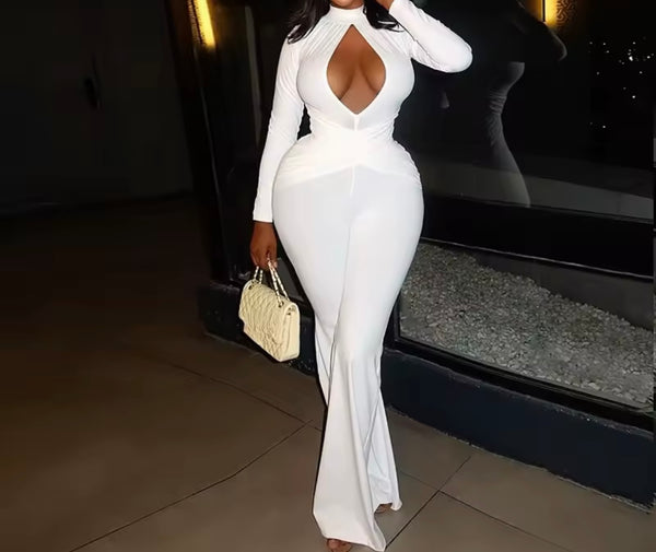Women White Cut Out Full Sleeve Sexy Jumpsuit