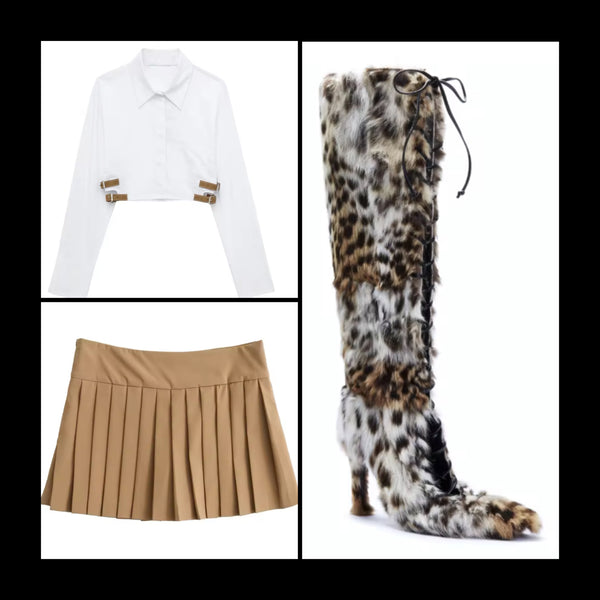 Women Fashion Animal Print Faux Fur Lace Up Knee High Boots