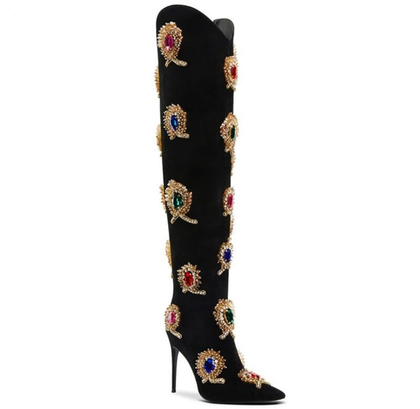 Women Fashion Suede Colorful Gem Knee High Boots