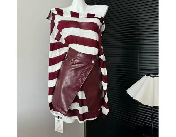 Women Fashion Striped Full Sleeve Two Piece PU Skirt Set
