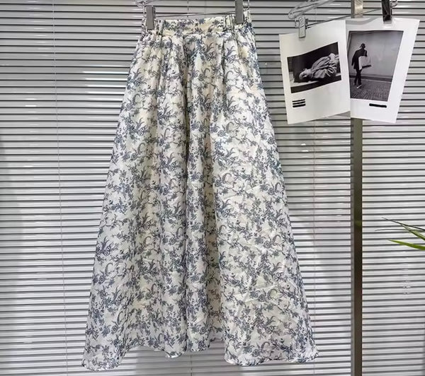 Women White Strapless Blue Floral Two Piece Maxi Skirt Set