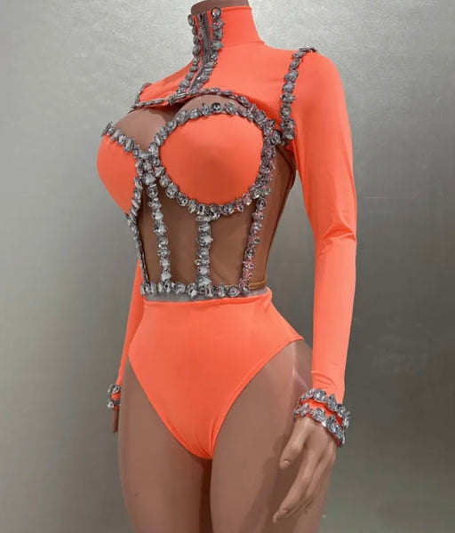 Women Sexy Orange Rhinestone Mesh Patchwork Jacket Bodysuit Top