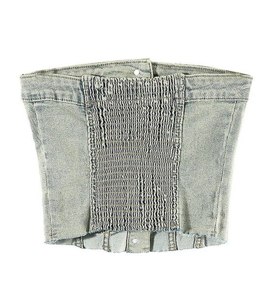 Women Fashion Button Up Strapless Two Piece Denim Pant Set