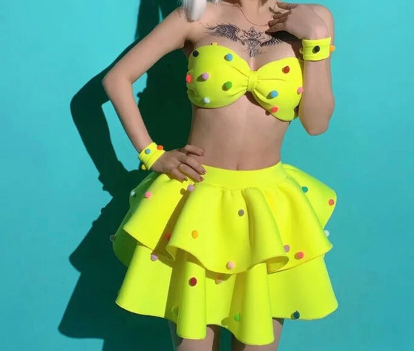 Women Sexy Strapless Neon Colorful Dots Ruffled Four Piece Skirt Set