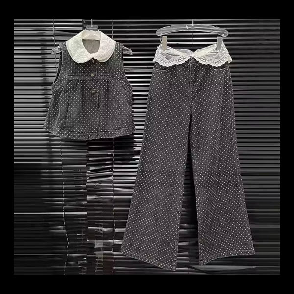 Women Lace Polka Dot Button Up Vest Denim Two Piece Pant Set