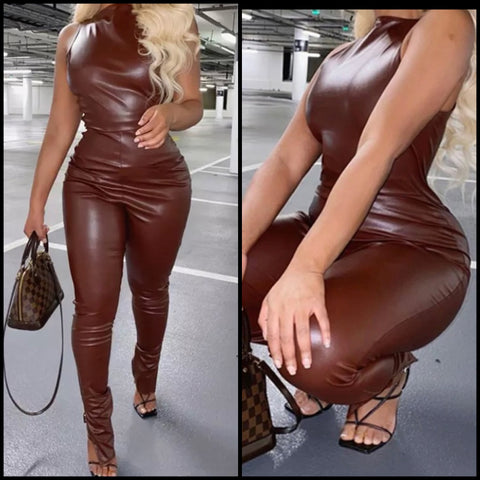 Women Sexy Sleeveless Brown Faux Leather Jumpsuit