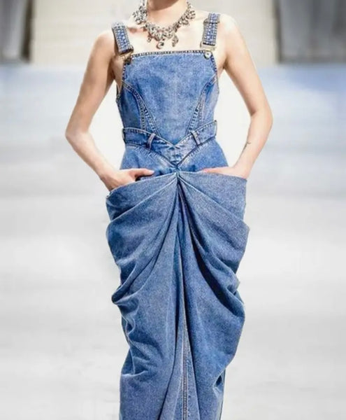 Women Fashion Sleeveless Ruched Pocket Denim Maxi Dress