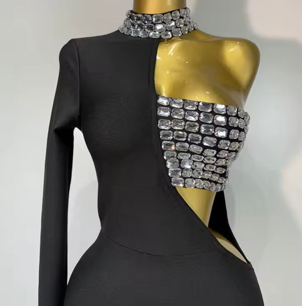 Women Black Sexy Rhinestone One Shoulder Full Sleeve Maxi Dress