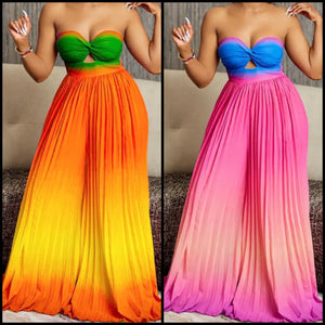Women Sexy Strapless Color Gradient Pleated Maxi Dress