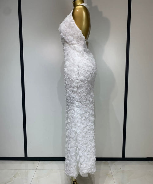 Women White Sexy Halter Open Back Sleeveless Floral Maxi Dress