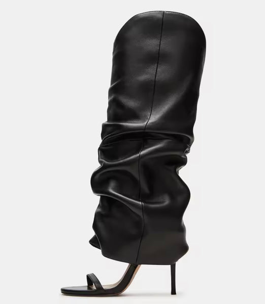 Women Black Open Toe Ruched Faux Leather Fashion Boots