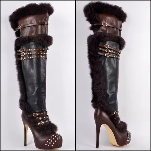 Women Fashion Fur Rivet Buckled Color Patchwork Knee High Boots