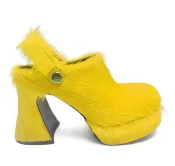 Women Color Fashion Furry Platform Slide On High Heel Shoes