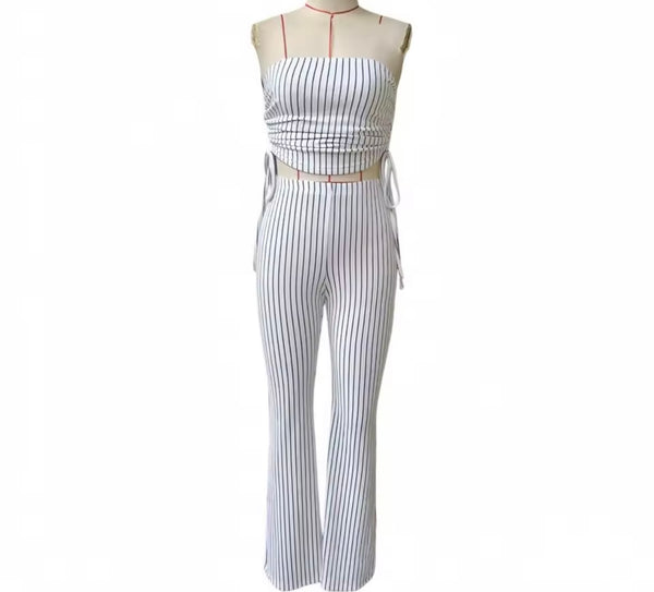 Women Strapless B&W Striped Tube Top Two Piece Pant Set