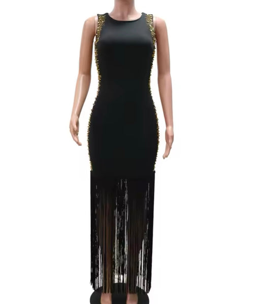 Women Black Beaded Sleeveless Fringe Maxi Dress