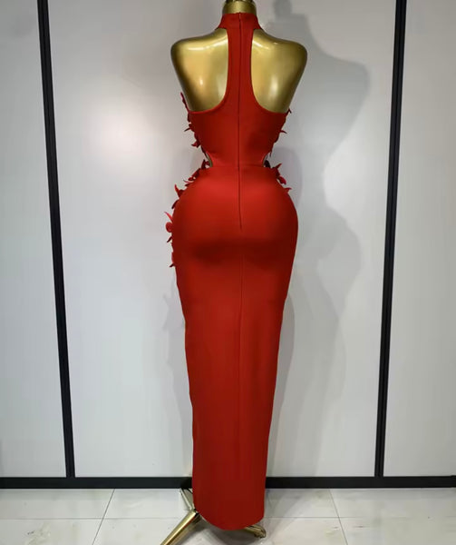 Women Red Halter Sleeveless 3D Floral Cut Out Sexy Maxi Dress