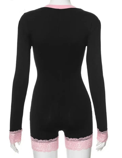 Women Sexy V-Neck Full Sleeve Black Pink Lace Patchwork Romper