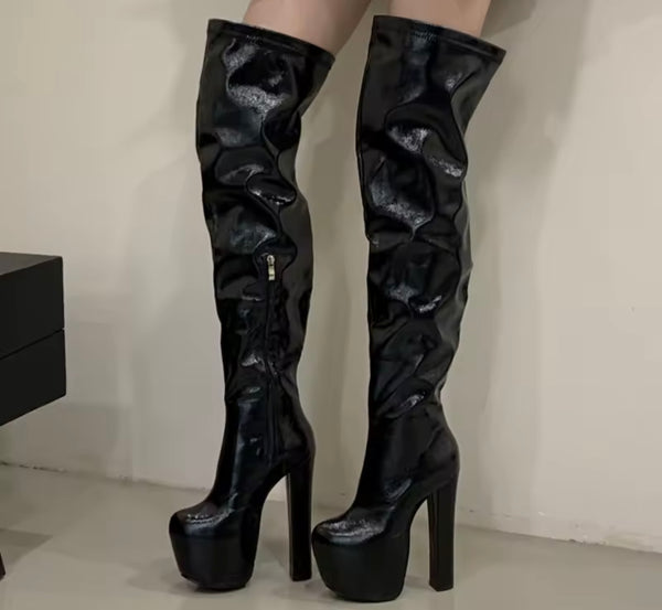 Women Round Toe Patent Leather Over The Knee Ruched Platform Boots